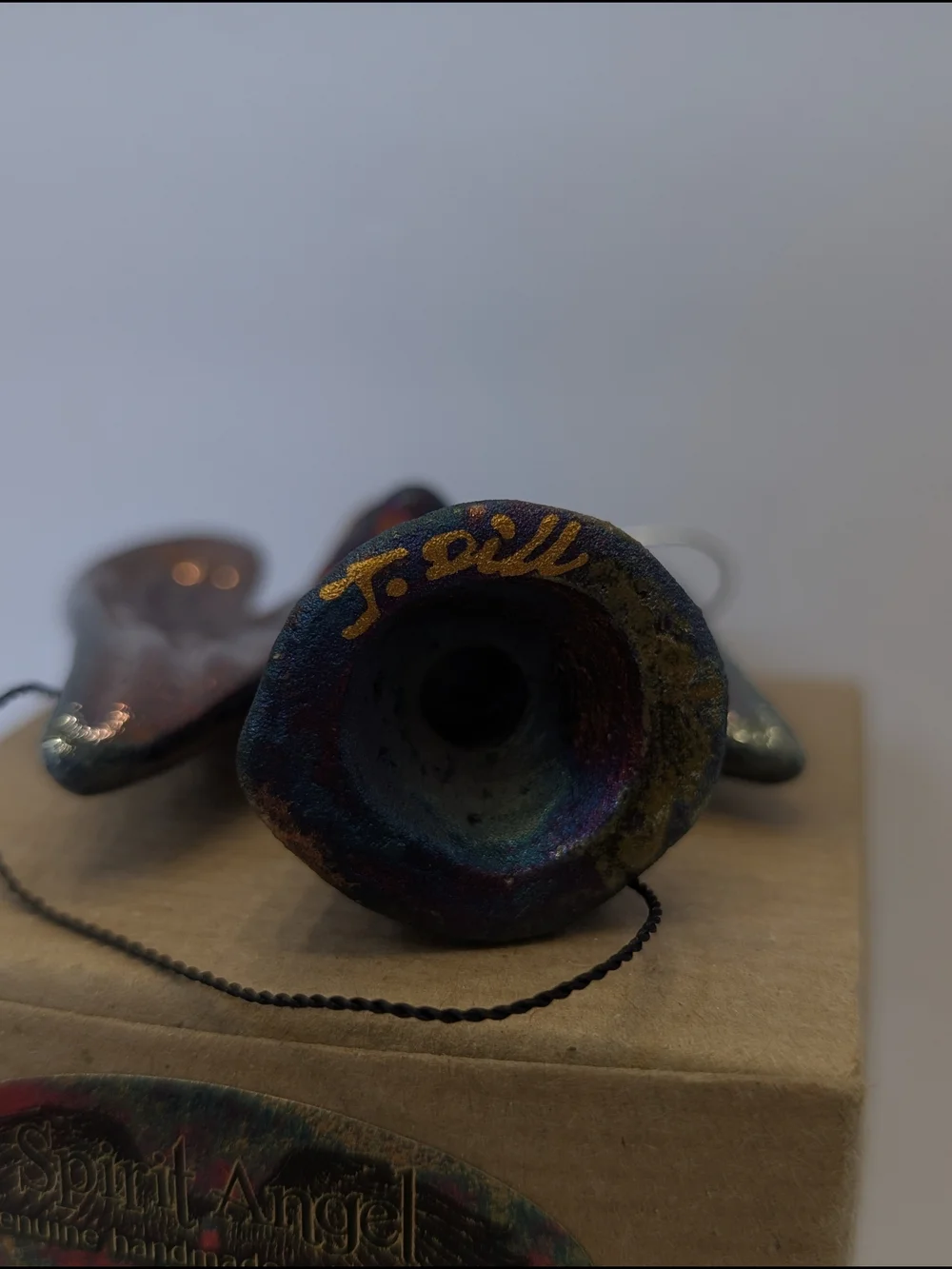 Spirit Angel Ornament Raku Pottery w/gemstone heart, handmade, hand signed